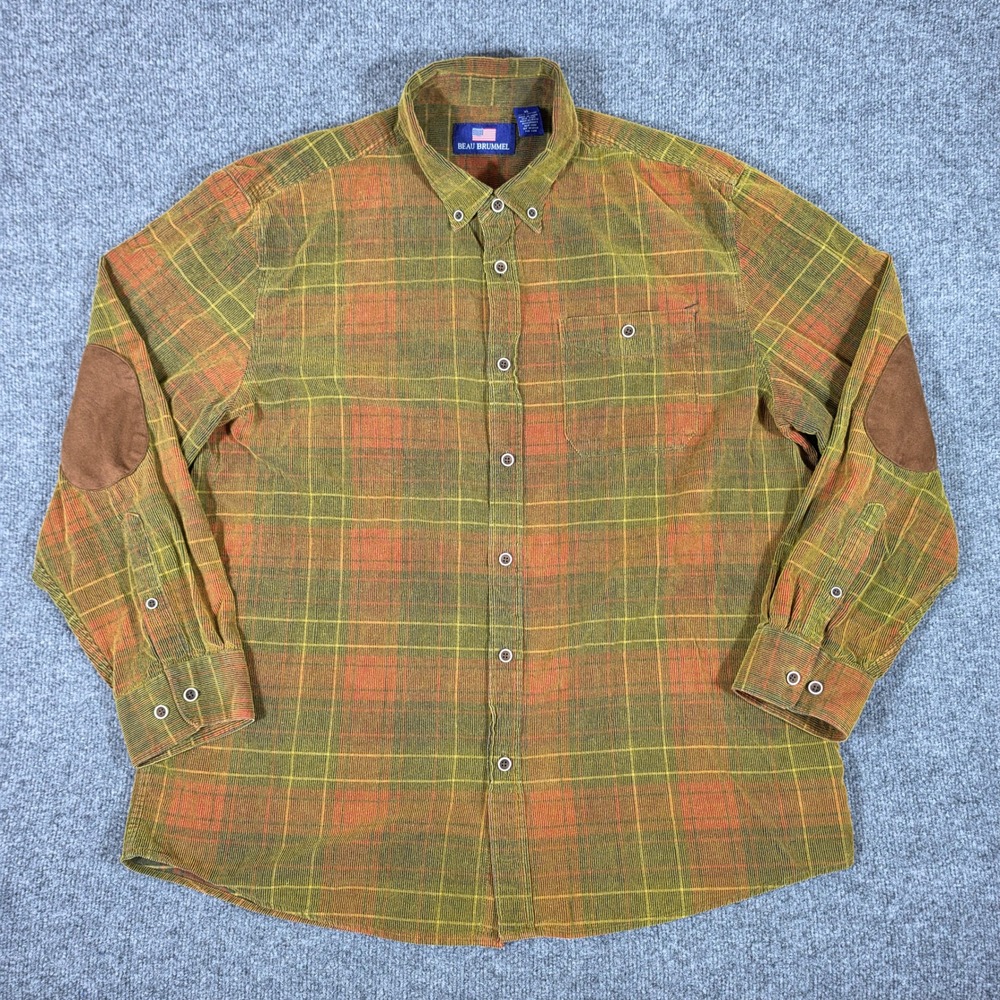 Beau Brummel Mens XL Corduroy Plaid Button Down Shirt Elbow Patches Green Orange